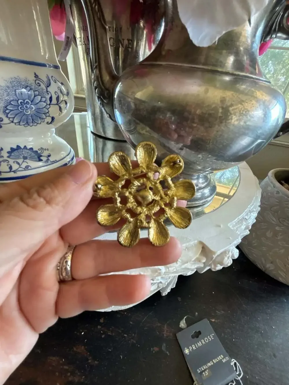 Vintage Floral Starburst Brooch with Pink Faux Pearl Petals and Purple Rhineston